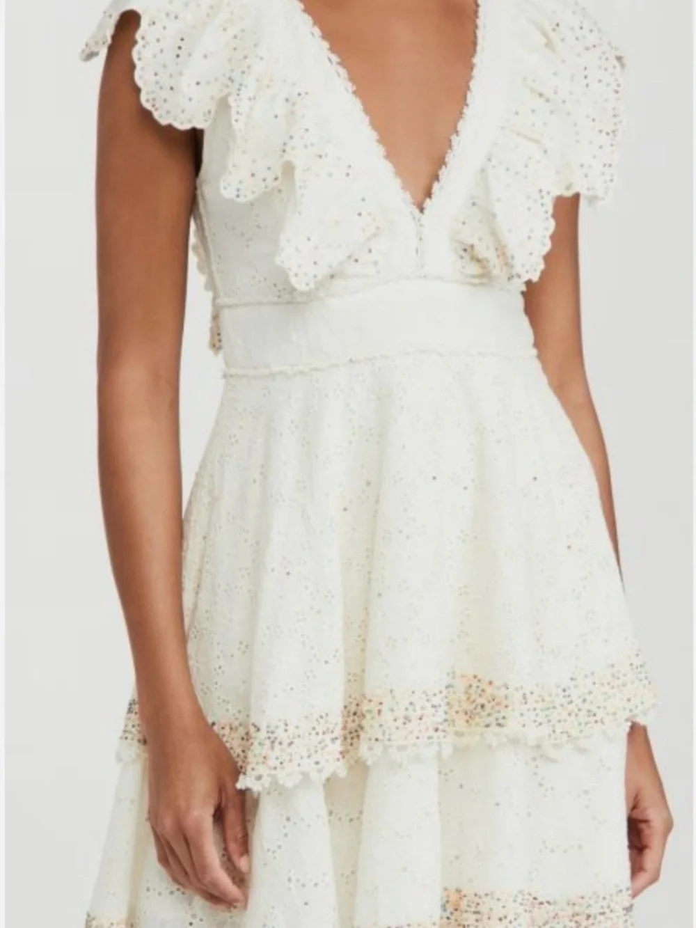 FARM Rio Ivory Eyelet Ruffle V-Neck Dress with Multicolor Beaded Dots - Picture 2 of 16